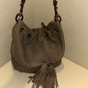Anya Hindmarch Taupe Brown Leather Bucket Bag Tassel Fringe Purse Boho Western